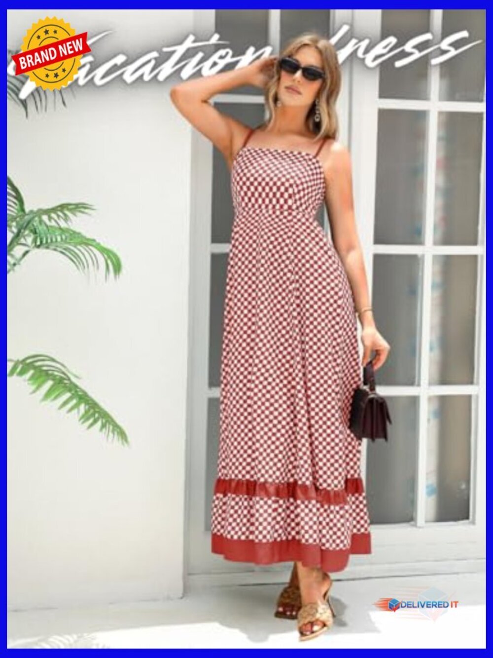 Checkered Maxi Dress Backless Ruffle A-Line Summer Beach Vacation - Picture 5 of 7